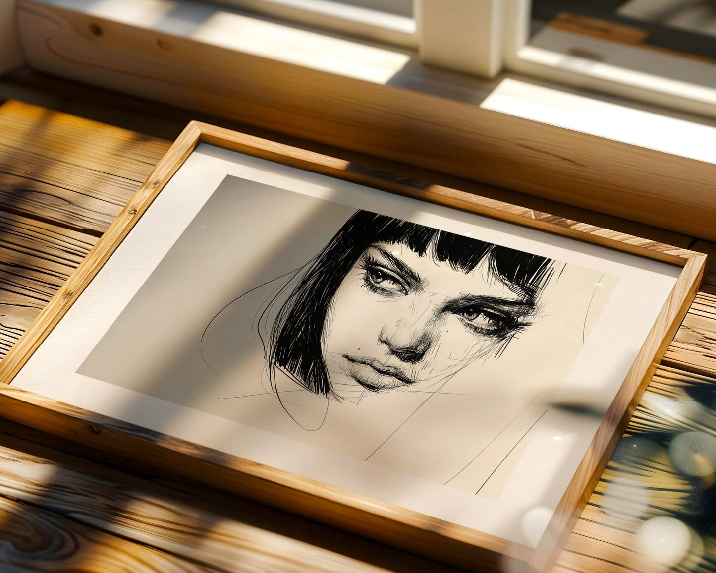 A close - up black and white ink drawing of a woman's face. A3 canvas wall art print, unframed. Elegant and expressive modern decor piece. - Inkscape