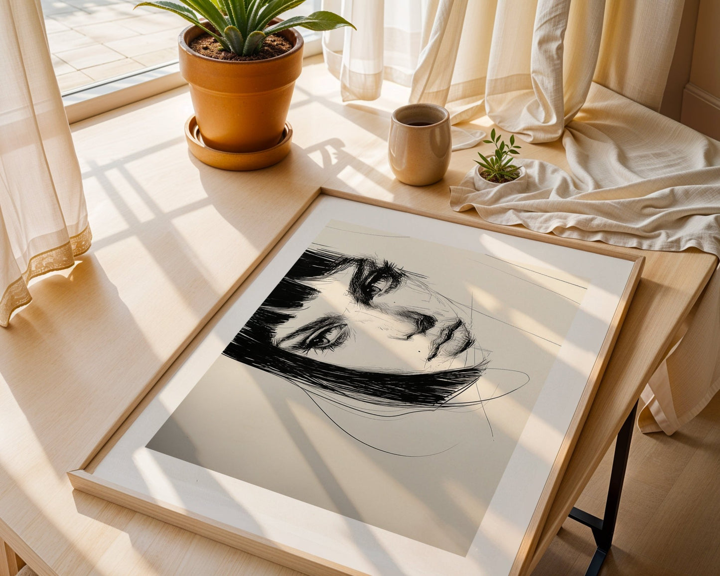 A close - up black and white ink drawing of a woman's face. A3 canvas wall art print, unframed. Elegant and expressive modern decor piece. - Inkscape