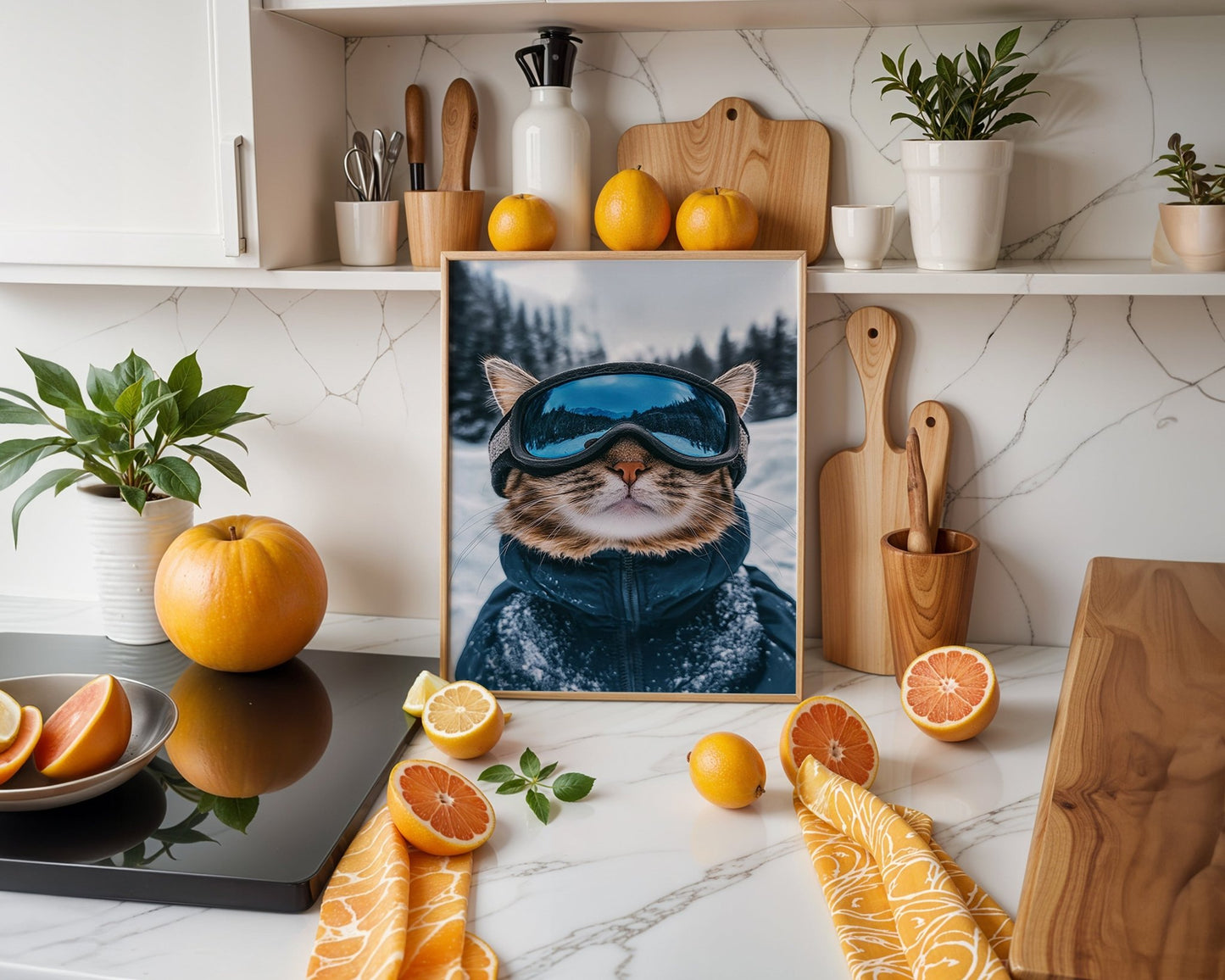 Close - up of a cat wearing ski goggles and a dark - blue, winter jacket.  - Inkscape