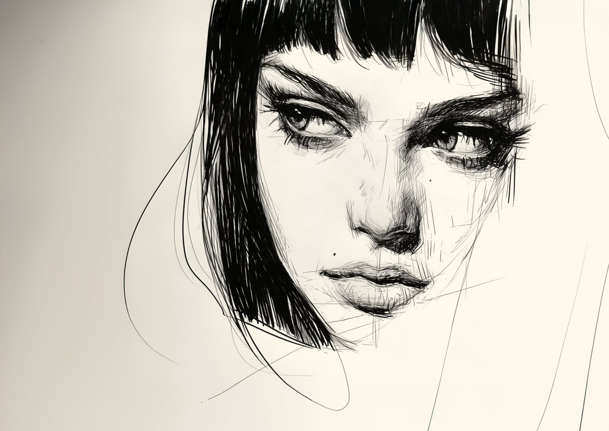A close - up black and white ink drawing of a woman's face. A3 canvas wall art print, unframed. Elegant and expressive modern decor piece. - Inkscape