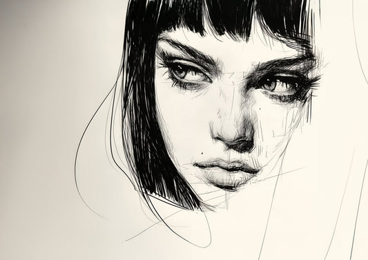 A close - up black and white ink drawing of a woman's face. A3 canvas wall art print, unframed. Elegant and expressive modern decor piece. - Inkscape