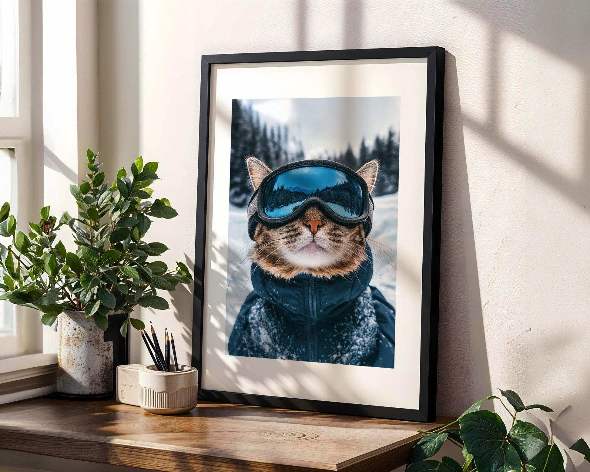 Close - up of a cat wearing ski goggles and a dark - blue, winter jacket.  - Inkscape