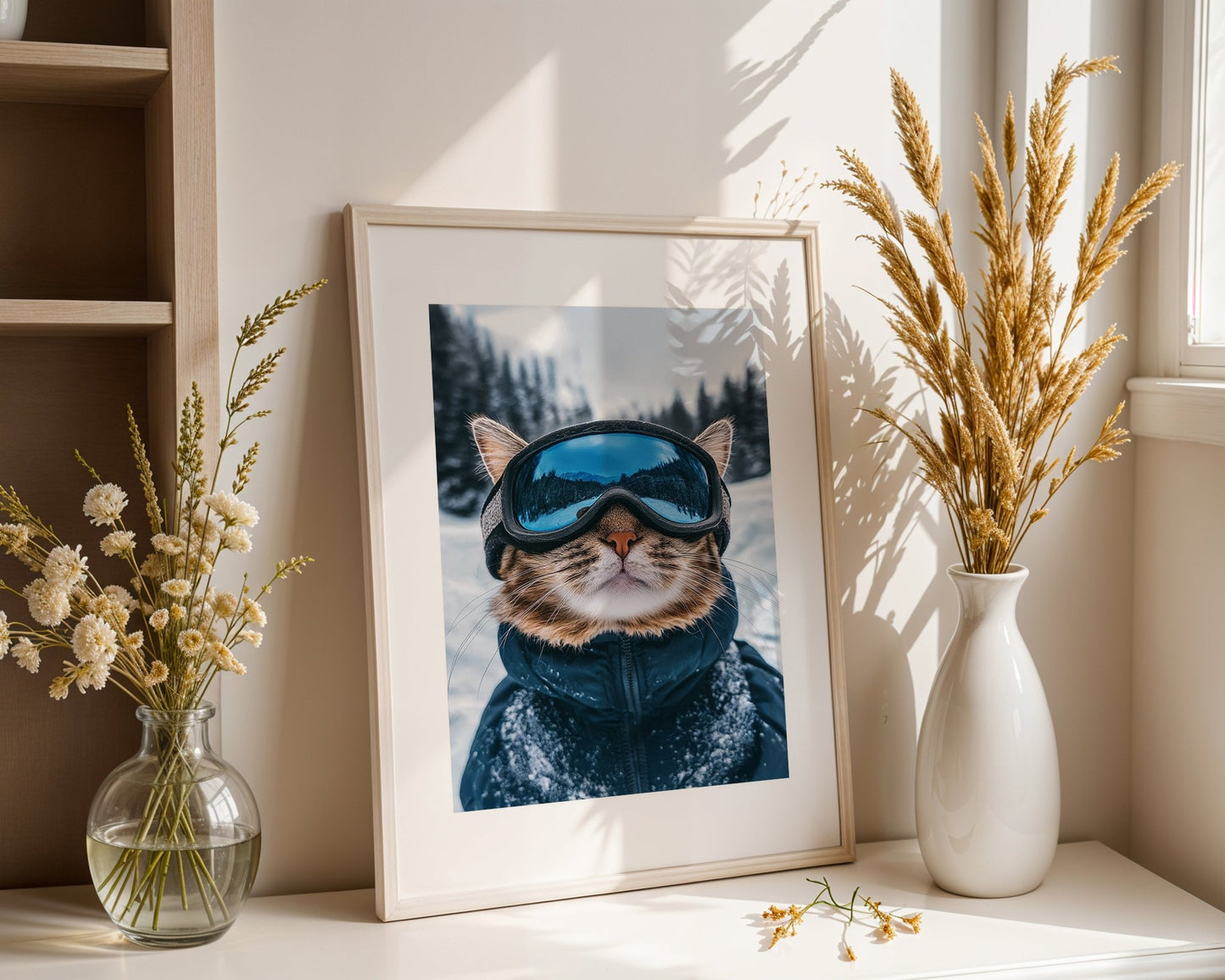 Close - up of a cat wearing ski goggles and a dark - blue, winter jacket.  - Inkscape