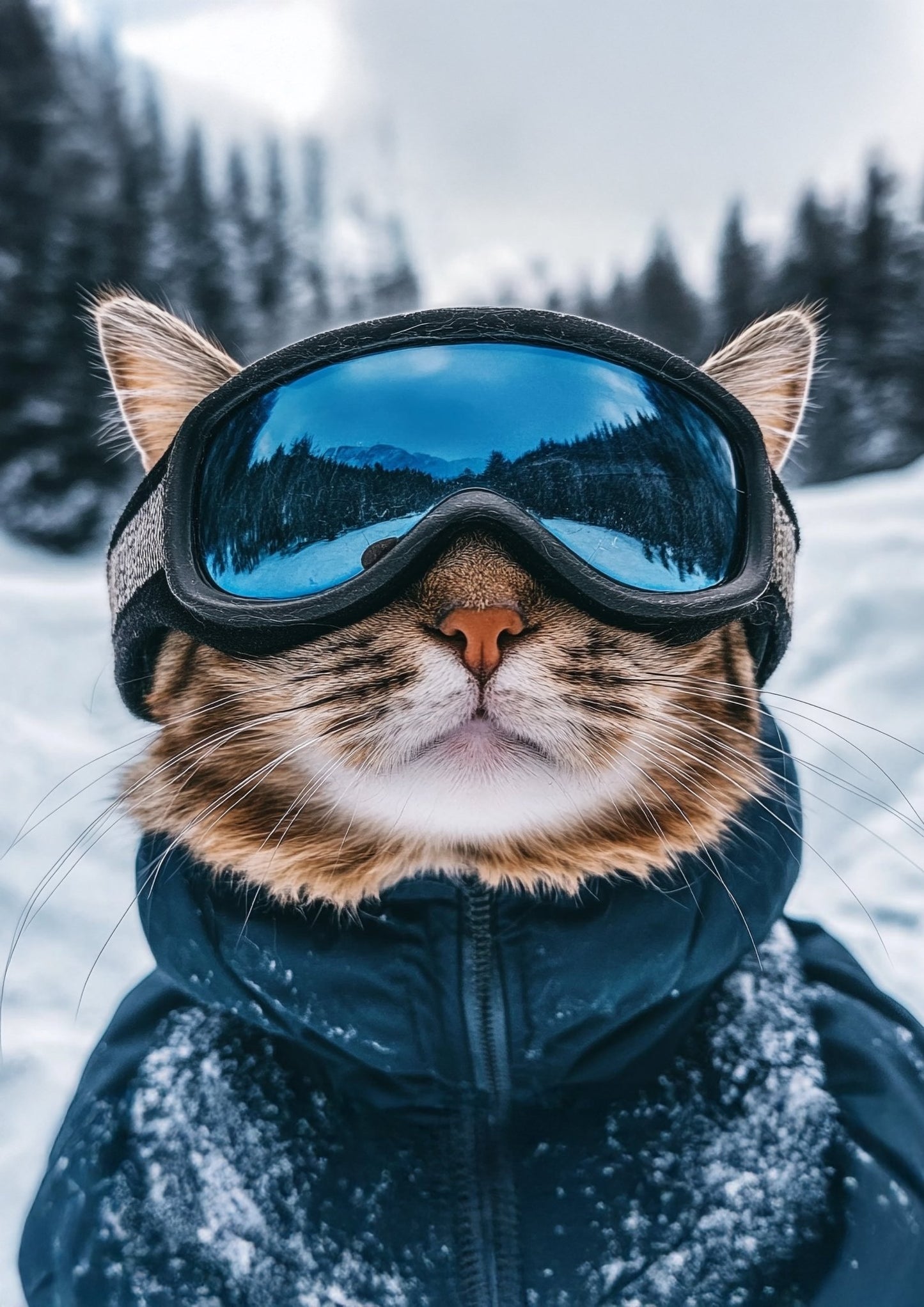 Close - up of a cat wearing ski goggles and a dark - blue, winter jacket.  - Inkscape