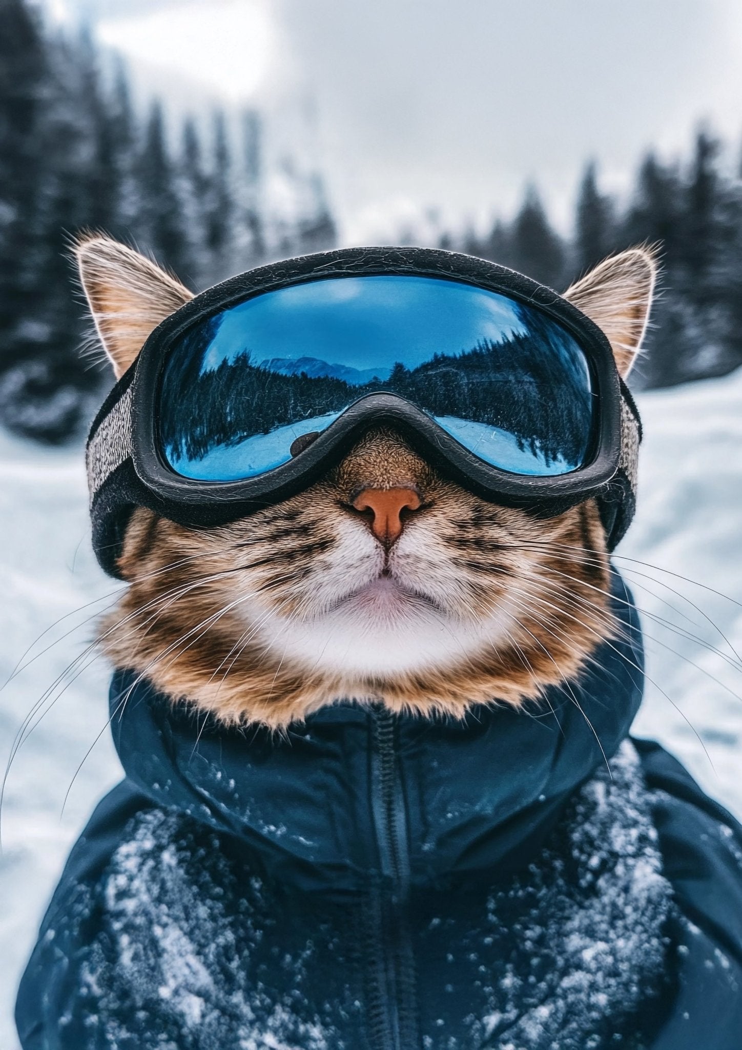 Close - up of a cat wearing ski goggles and a dark - blue, winter jacket.  - Inkscape